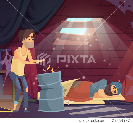 Homeless people. old sad persons spend time in an abandoned house 125554587