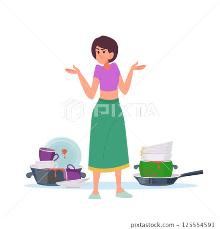 Dirty dishes. housewife standing with dirty dishes 125554591