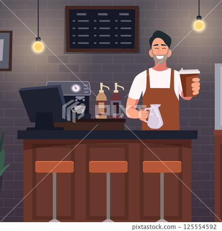 Barista. cafe interior barista preparing fresh hot coffee 125554592