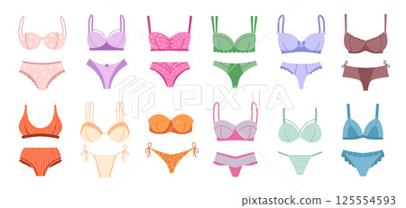 Woman lingerie. Fashioned panties set bikini and swimsuit clothes recent vector beautiful lingerie illustrations in flat style 125554593