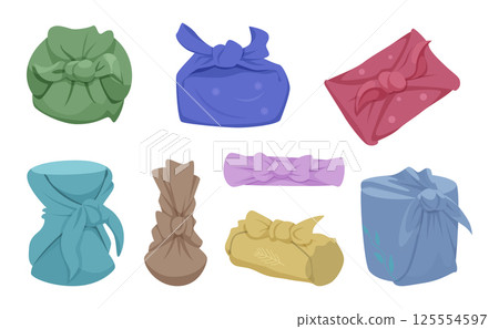 Furoshiki gifts. Wrapped textile packages traditional japanese stylish gifts exact vector cartoon set 125554597