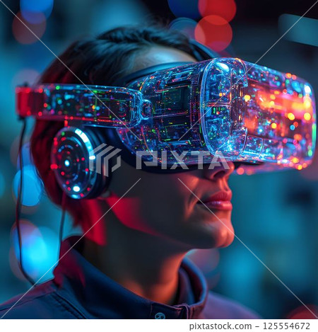 High-Tech VR Headset with Colorful Holograms 125554672