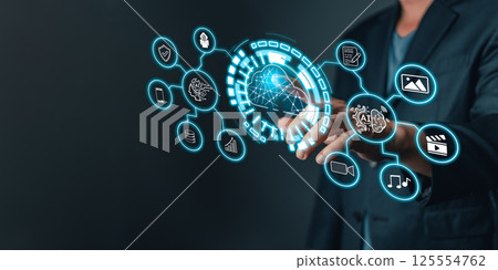 A professional interacts with glowing cloud icons connected to various functions, symbolizing digital backup and data management, showcasing advanced technology for seamless and secure operations. 125554762
