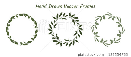 Olive plant branch frame set, circle shape border. Hand drawn doodle style silhouette. Green grey colour palette. Cute web decor vector illustration. White background Olive plant branch frame set, circle shape border. Hand drawn doodle style silhouette. Green grey colour palette. Cute web decor vector illustration. White background 125554763