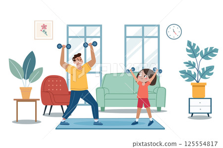 Dad and daughter doing exercises with dumbbells workout at home. 125554817