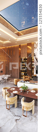 Modern luxury interior with dining, lounge, and skylight 125554830