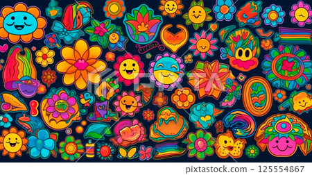 Panoramic retro animation background of the 80s, stylish template - AI generated image 125554867