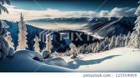 Winter panorama snowy mountains, snow-capped peaks - AI generated image 125554959