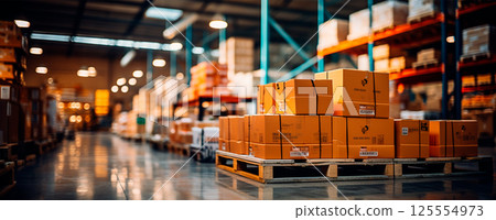 Blurred business background, blurred warehouse on light bokeh background, transporting cargo boxes - AI generated image 125554973