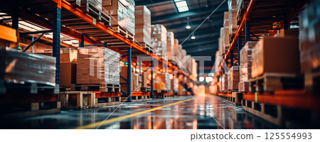 Blurred business background, blurred warehouse on light bokeh background, transporting cargo boxes - AI generated image 125554993