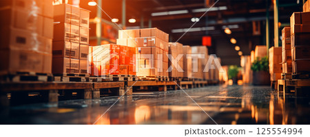 Blurred business background, blurred warehouse on light bokeh background, transporting cargo boxes - AI generated image 125554994