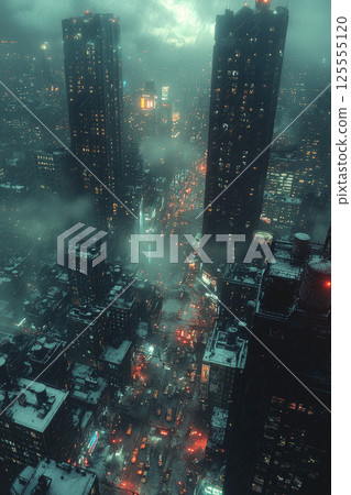 city at night experiencing a blackout, tall skyscrapers with dark windows, abandoned cars on the streets, post-apocalyptic feeling 125555120