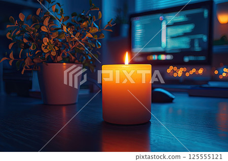 Blackout concept, A white burning candle in close-up on a desk against a computer out of focus in black background Blackout concept, A white burning candle in close-up on a desk against a computer out of focus in black background 125555121
