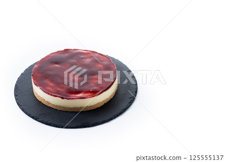 Slice of cheesecake with strawberries isolated on white background 125555137