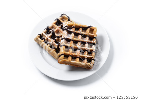 Belgian Waffles with chocolate isolated on white background 125555150