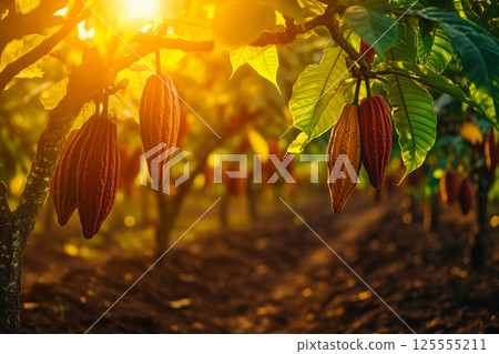 Cacao pods hanging on a tree branch in a tropical plantation, illuminated by golden sunlight at sunrise with vibrant green leaves in the background 125555211