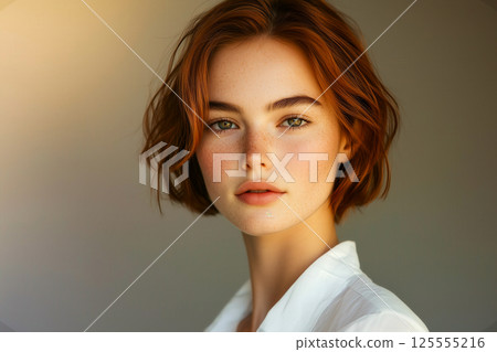 Neutral studio portrait of a young red-haired woman with light freckles, soft makeup, and a gentle expression, set against a warm-toned background 125555216