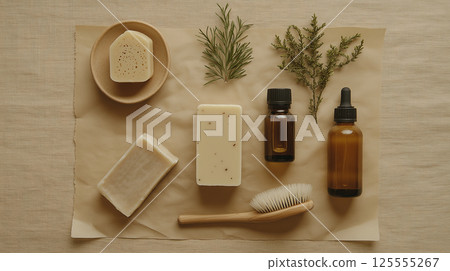 flat lay of various natural beauty products arranged on a beige background	 125555267