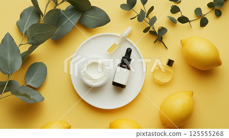 flat lay of various skincare products arranged on a yellow background. On the left side of the image, there is a white plate with a small bowl of cream on it	 125555268