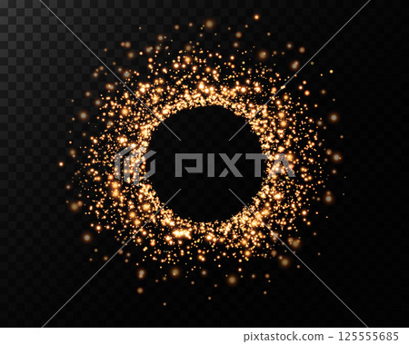 A Beautiful Glittering Gold Sparkle Circle Set on a Striking Black Background for Captivating Visual Effects 125555685