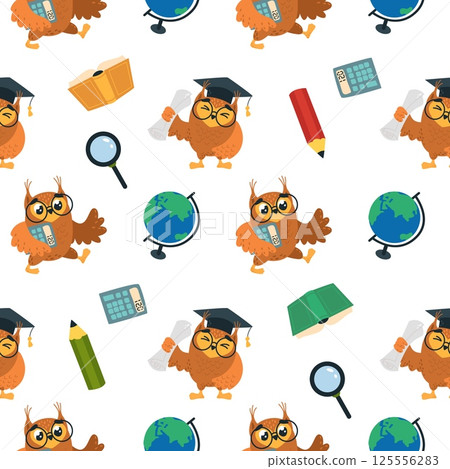 Smart cartoon owls seamless pattern. School owl character, wild birds teachers and students. Funny print for fabric, wallpaper, classy vector background 125556283