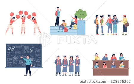 Student life. University characters activities, cheerleaders, friends communication, study. Young people studying outdoor and in lecture room, recent vector set Student life. University characters activities, cheerleaders, friends communication, study. Young people studying outdoor and in lecture room, recent vector set 125556292