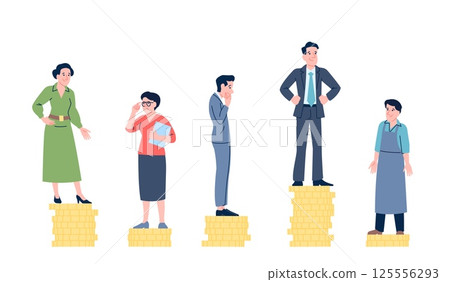 Salary gap. Different professionals wages inequality. Sociology poster, incomes people comparison. Capitalism concept, money levels recent vector scene Salary gap. Different professionals wages inequality. Sociology poster, incomes people comparison. Capitalism concept, money levels recent vector scene 125556293