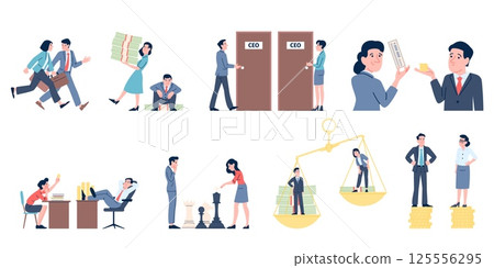 Poor and rich. Salary gap and gender equality at work. Male female career opportunities, financial discrimination and inequality, recent vector scenes Poor and rich. Salary gap and gender equality at work. Male female career opportunities, financial discrimination and inequality, recent vector scenes 125556295