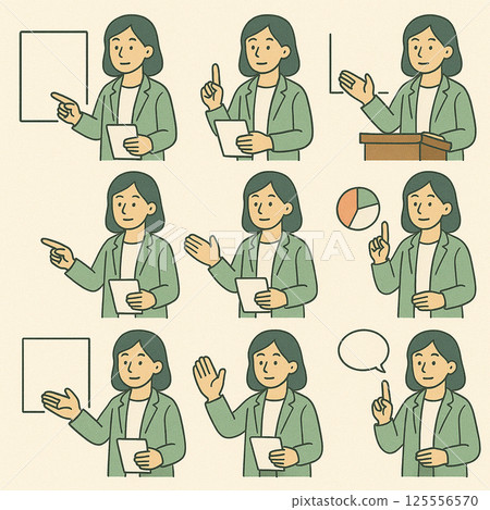 Upper body set of a woman in a suit explaining 125556570