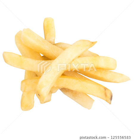 A pile of fried french fries isolated on white background 125556583