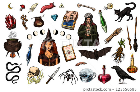 Big collection of wizardry elements for magic rituals or tarot deck, book, cat hand Witch with stone 125556593