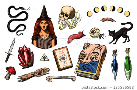 Big collection of wizardry elements for magic rituals or tarot deck, book, cat hand Witch with stone 125556598