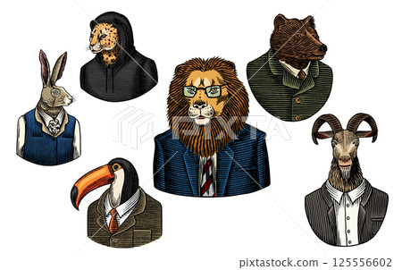 6 different animals and birds in humans clothes and suits. Lion, tuscan bird and bear next to rabbit 125556602