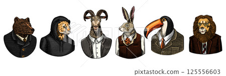 6 different animals and birds in humans clothes and suits. Lion, tuscan bird and bear next to rabbit 6 different animals and birds in humans clothes and suits. Lion, tuscan bird and bear next to rabbit 125556603