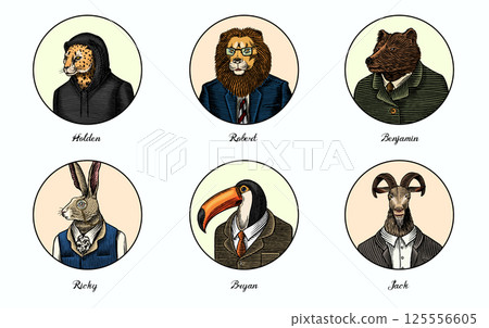 6 different animals and birds in humans clothes and suits. Lion, tuscan bird and bear next to rabbit 6 different animals and birds in humans clothes and suits. Lion, tuscan bird and bear next to rabbit 125556605
