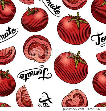 Seamless pattern of fresh tomatoes for ketchup package, pizza or other package usage. Red Mexican Seamless pattern of fresh tomatoes for ketchup package, pizza or other package usage. Red Mexican 125556613