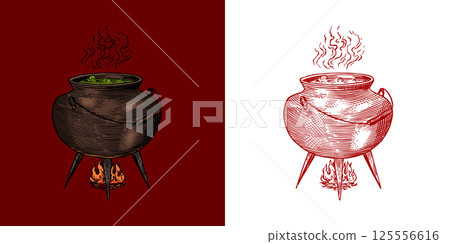 Witch cauldron for magic rituals or tarot deck, book, or prediction. Halloween witchcraft and 125556616