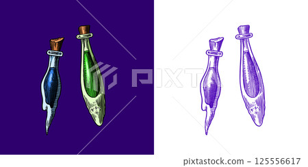 Set of potions in bottles or poisons for prediction or magic rituals. Halloween witchcraft and 125556617