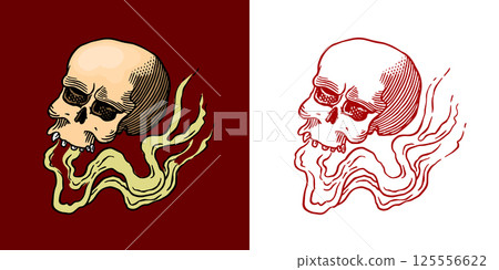 A human skull with a smoke for magic rituals or tarot deck, book. Halloween witchcraft and sorcery A human skull with a smoke for magic rituals or tarot deck, book. Halloween witchcraft and sorcery 125556622