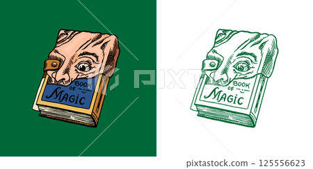 Creepy book of magic with evil face stretched on it. Halloween witchcraft and sorcery thing magician 125556623