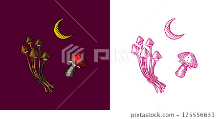 Collection of wizardry elements for magic rituals Mushrooms and half moon. Halloween witchcraft and Collection of wizardry elements for magic rituals Mushrooms and half moon. Halloween witchcraft and 125556631