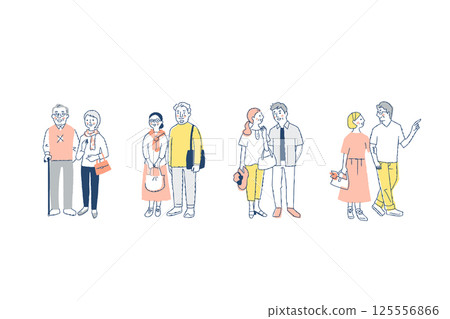 Set of four senior couples walking together Set of four senior couples walking together 125556866