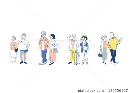 Set of four senior couples walking together 125556867