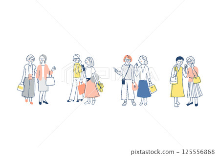 Set of four middle-aged and senior women walking together 125556868