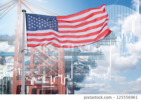 American flag on the background of ship with containers. Symbol of trade war 125556961
