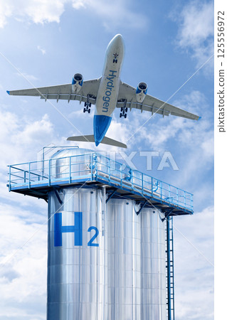 Airplane and green hydrogen gas tank Airplane and green hydrogen gas tank 125556972