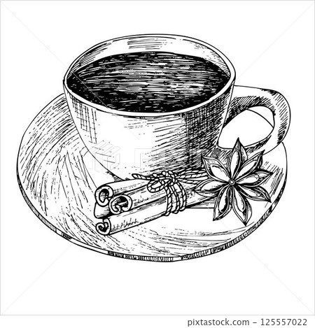 cup of coffee on saucer, cinnamon stick, anise.  125557022