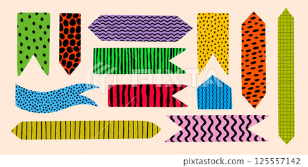 Flag shape sticker set with abstract graphic patterns. Torn paper memo and bookmark elements with wave, zigzag, stripe, and dot textures. Perfect for memo, diary, notebook, packaging, or design 125557142