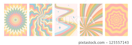 Retro pattern set. Abstract psychedelic Groovy backgrounds in retro colors. Twisted vector texture in trendy y2k style. Vector graphic for posters and art prints 125557143