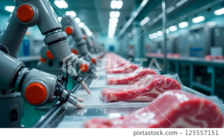 Robotic arms packaging raw meat in vacuum-sealed trays covered with plastic wrap in an automated food production factory 125557151